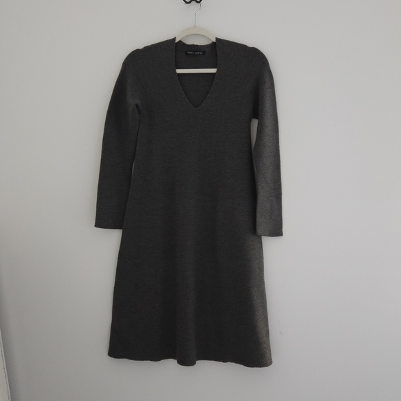 Hannes Roether Gemany Grey Marino Wool Ribbed V-Neck Sweater Dress - Picture 3 of 16